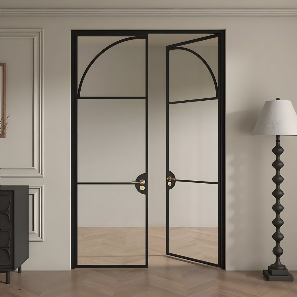 Modern Arch Double Swing Pre-hung Door with 5/16 in. Clear Tempered Glass, Hardware Included