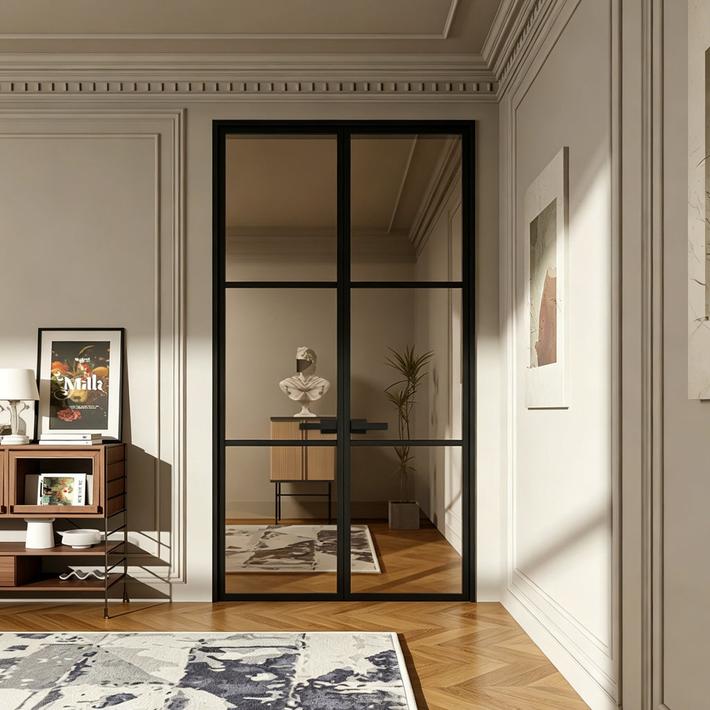 Modern Grid Double Swing Pre-hung Door with 5/16 in. Clear Tempered Glass, Hardware Included