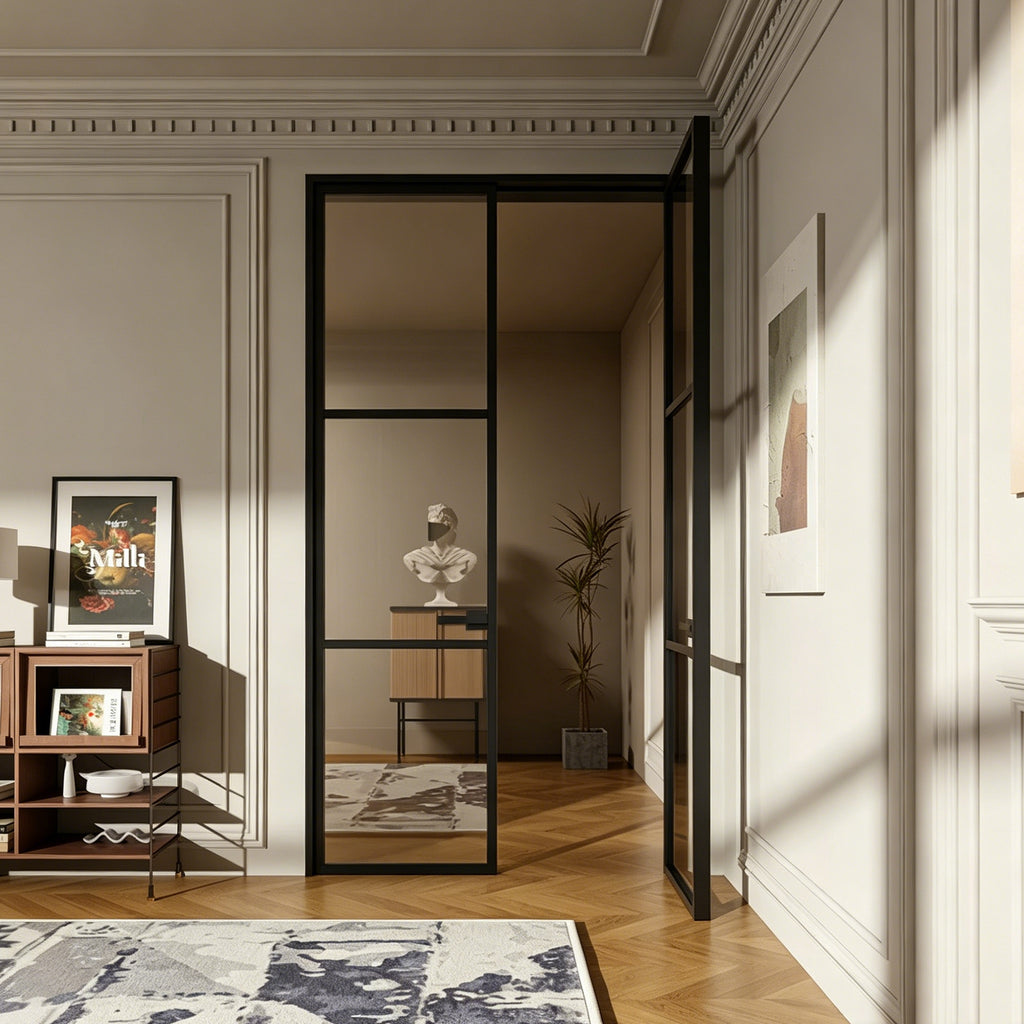 Modern Grid Double Swing Pre-hung Door with 5/16 in. Clear Tempered Glass, Hardware Included