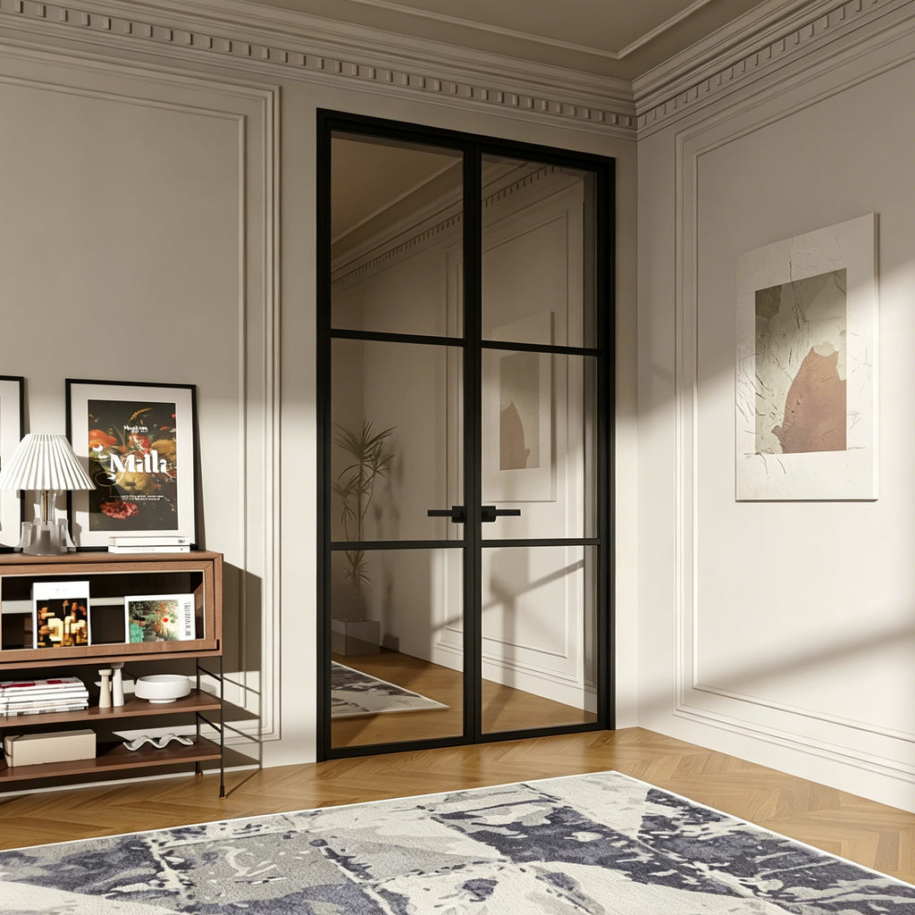 Modern Grid Double Swing Pre-hung Door with 5/16 in. Clear Tempered Glass, Hardware Included
