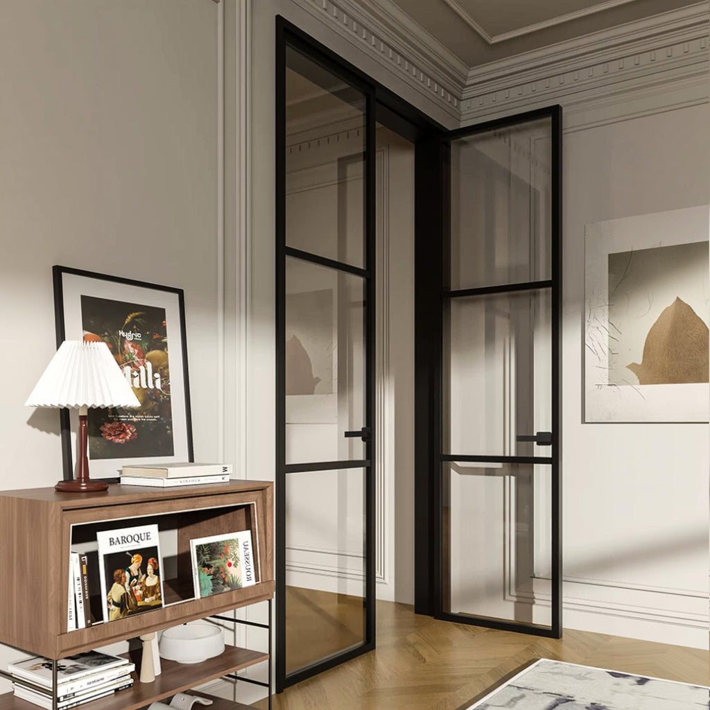 Modern Grid Double Swing Pre-hung Door with 5/16 in. Clear Tempered Glass, Hardware Included