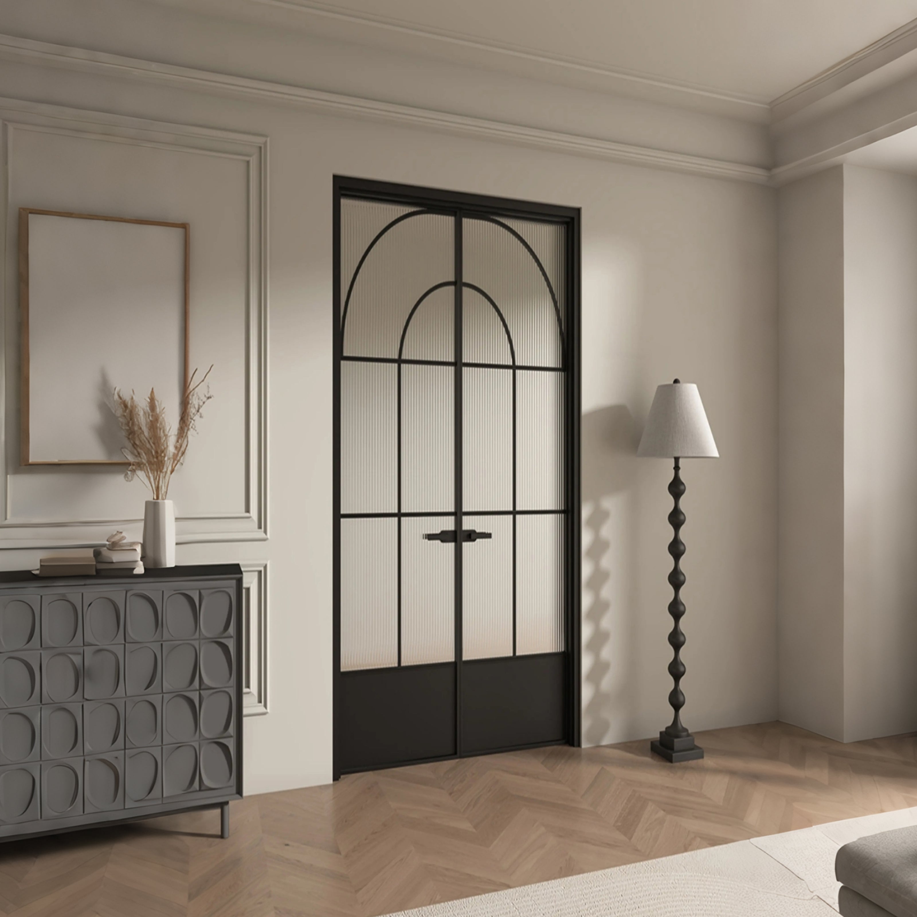 Architectural Arch Double Swing Pre-hung Door with 5/16 in. Reeded Tempered Glass, Hardware Included