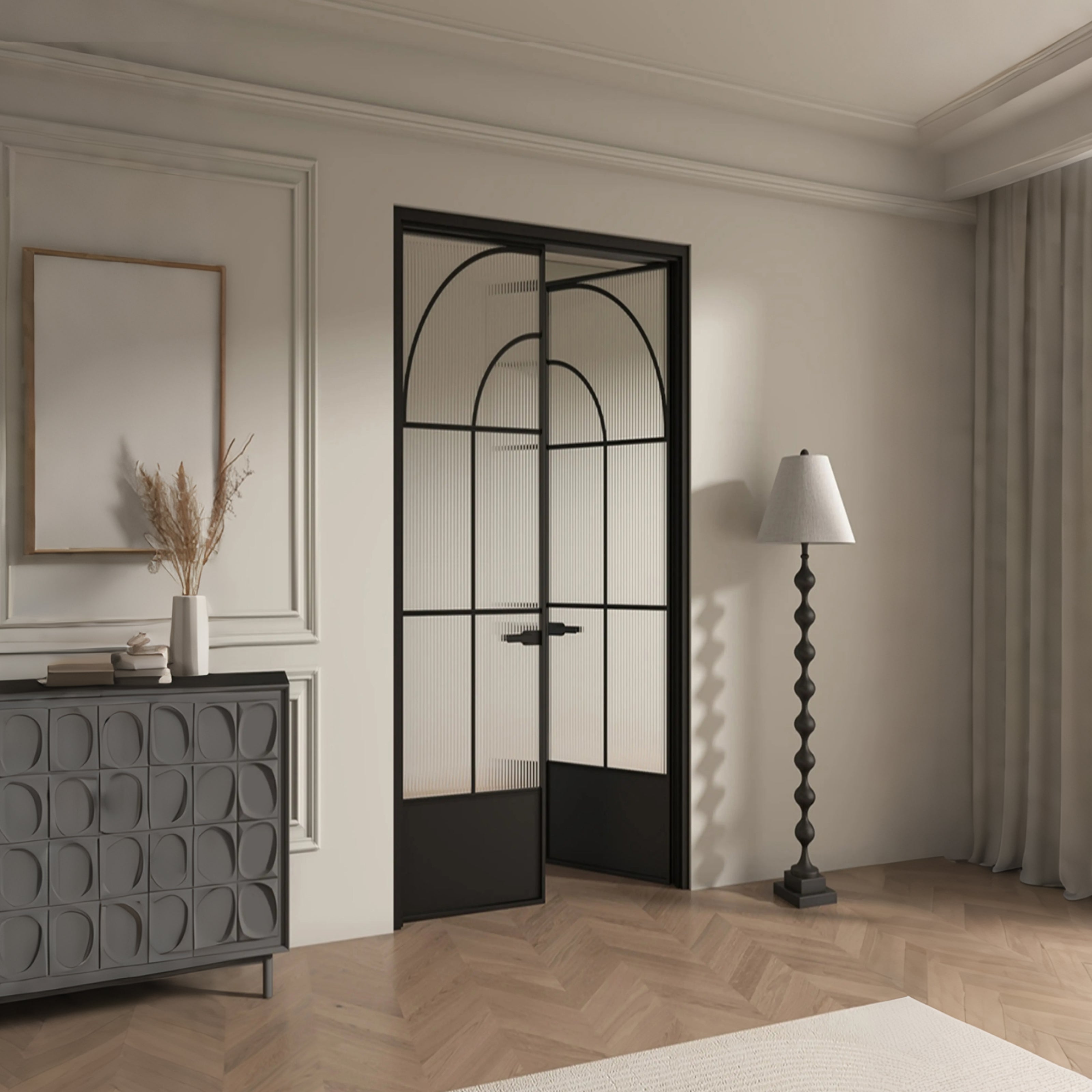Architectural Arch Double Swing Pre-hung Door with 5/16 in. Reeded Tempered Glass, Hardware Included