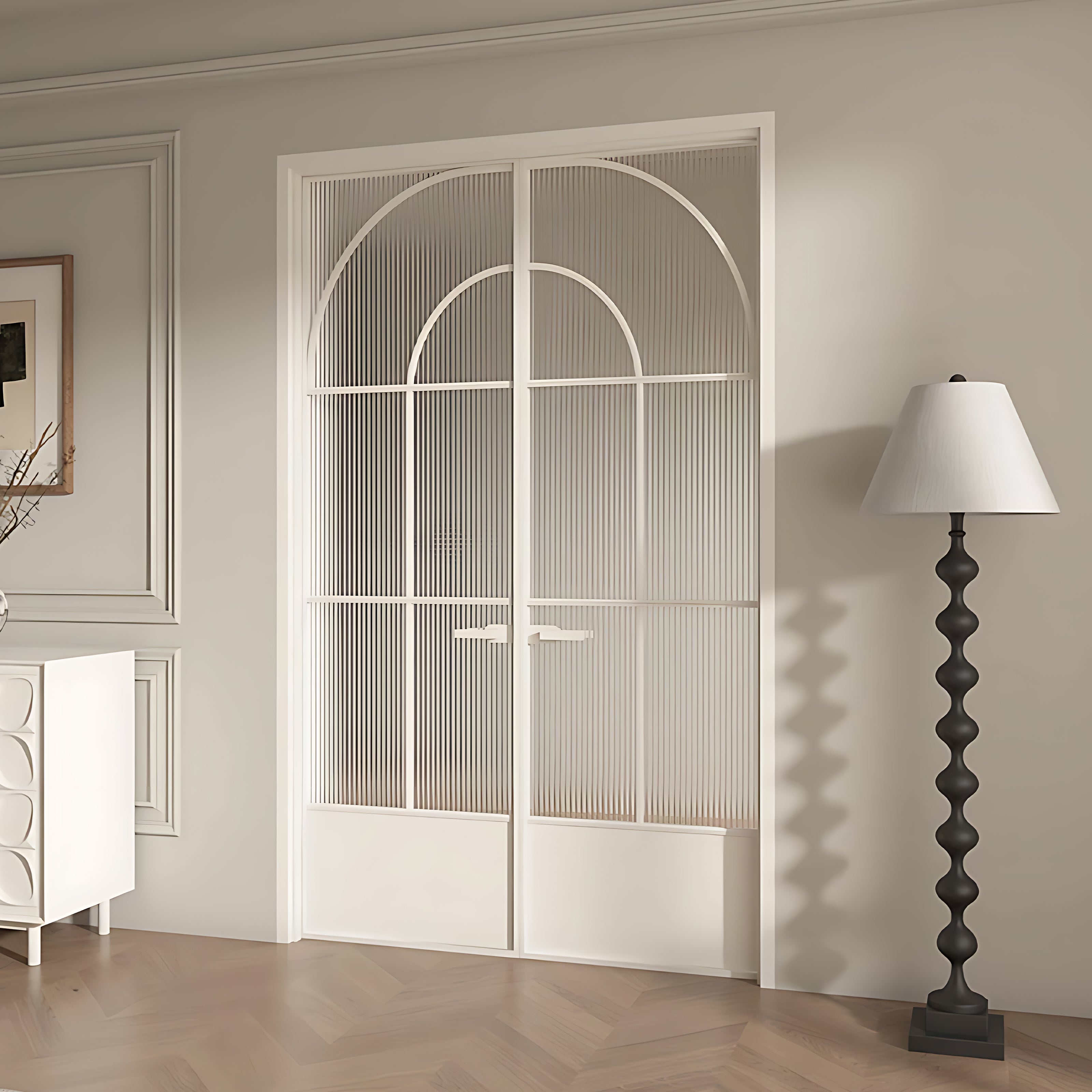 Architectural Arch Double Swing Pre-hung Door with 5/16 in. Reeded Tempered Glass, Hardware Included