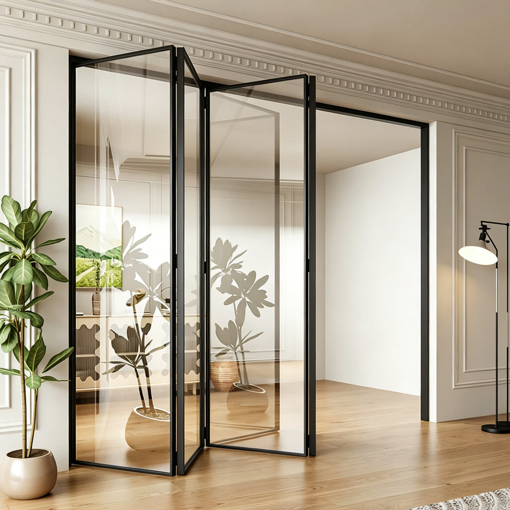 Minimalist 4-Panel Folding Door with 5/16 in. Clear Tempered Glass, Hardware Included