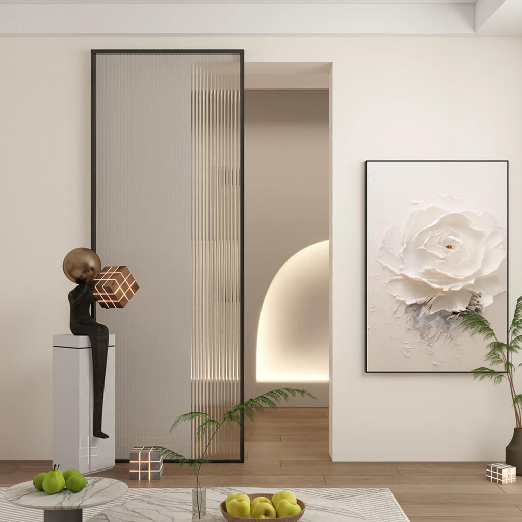 Modern Minimalist Single Sliding Door with 5/16 in. Reeded Tempered Glass, Hardware Included