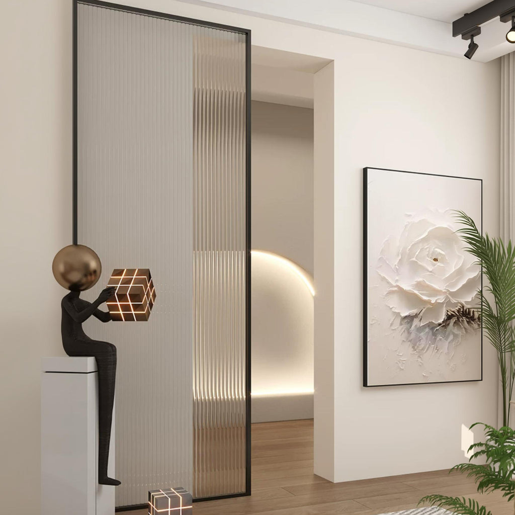 Modern Minimalist Single Sliding Door with 5/16 in. Reeded Tempered Glass, Hardware Included